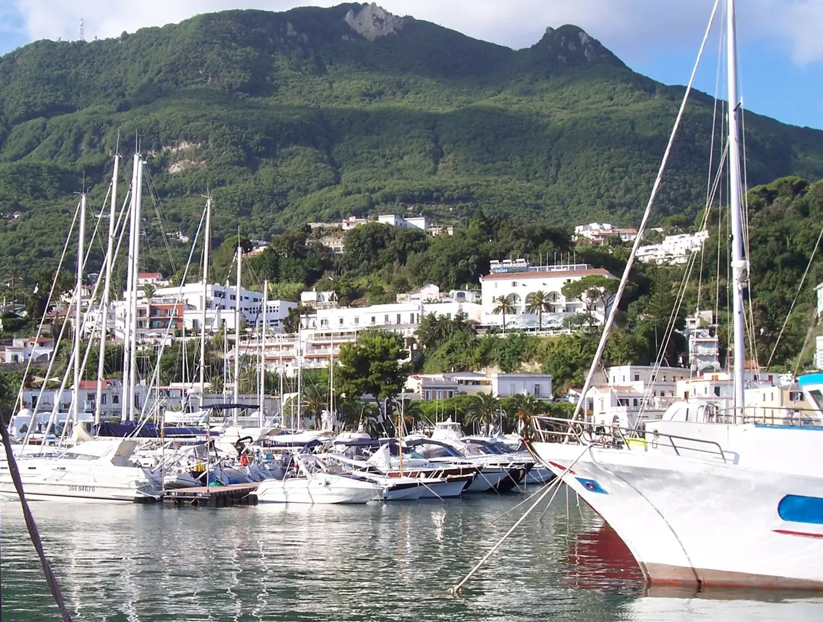 The arrival quay of Casamicciola Terme harbour where the Naples to Ischia boat tour day begins on the island, Campania, Italy